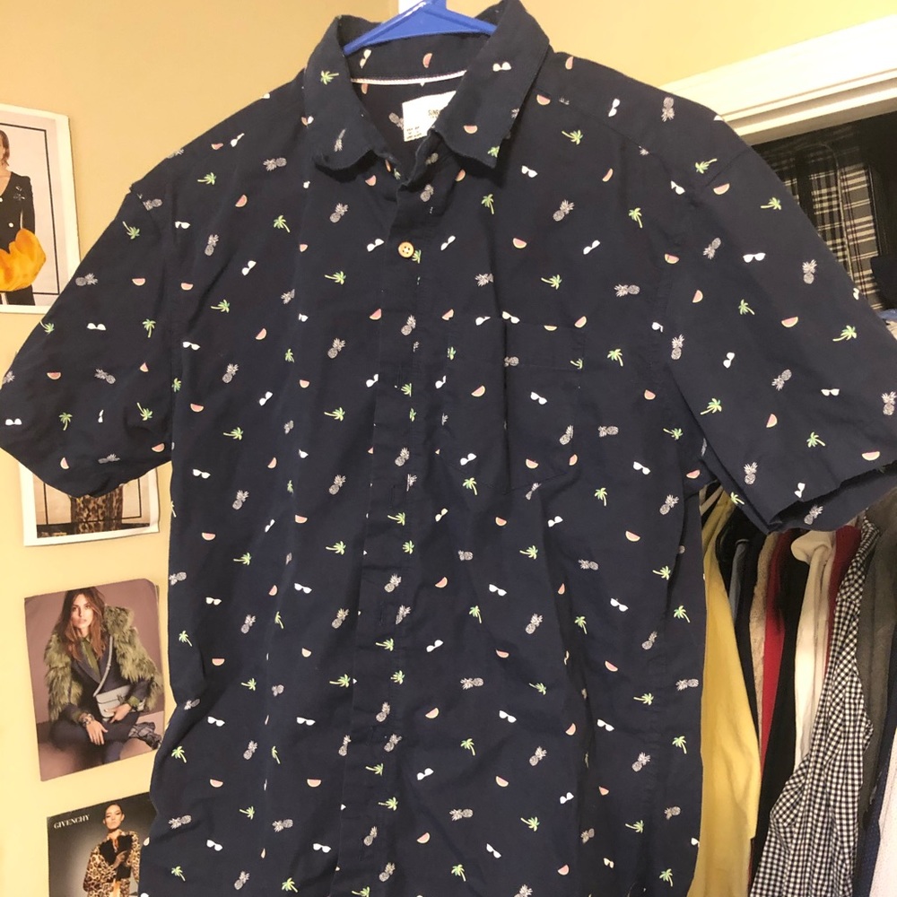 Navy Blue Summer Print Button Down